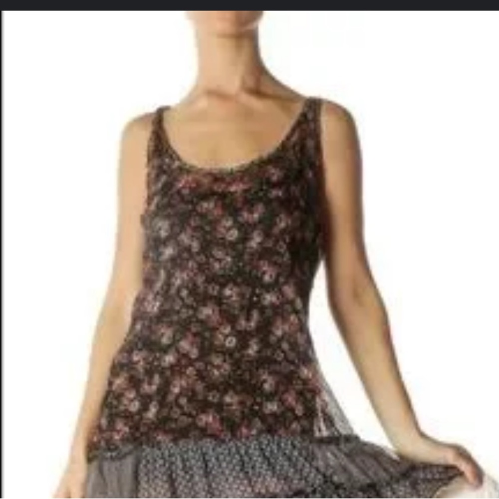 Point-Floral Print Flared Tank Top L